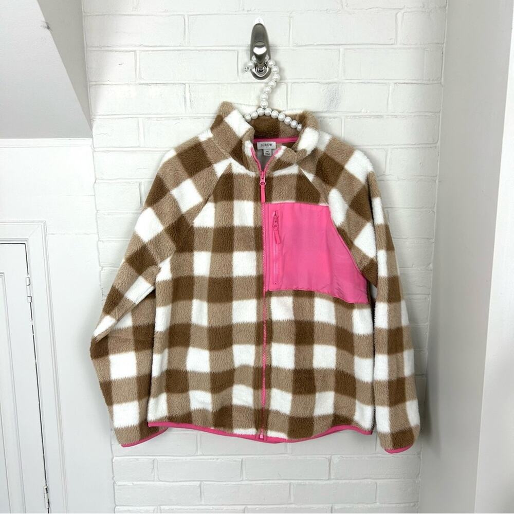 J.Crew Tan & White Check Plaid Fleece Zip Up Jacket Size M - Picture 2 of 13